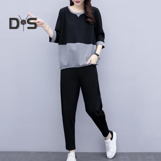 2 ks/sada Dámské tričko Kalhoty Set Sportovní oblečení Colorblock Top s kulatým výstřihem Poloviční rukáv Top Elastický pas Dlouhé Kalhoty Běžné kalhoty Top na dojíždění