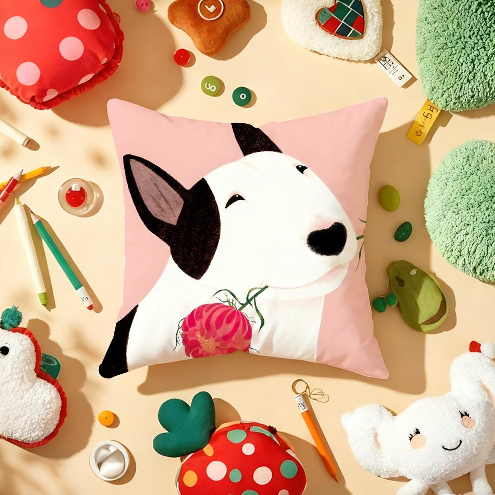 Cartoon Bull Terrier Series Pillow Case Plush Fabric Soft Double-Sided Printed Sofa Warm Winter Home Gift Cushion Cover