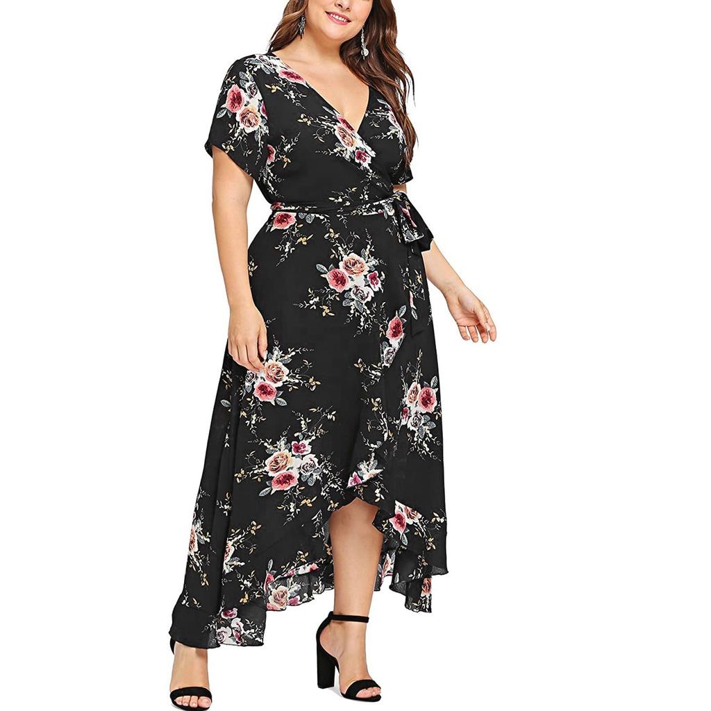 Women's Casual High Waist Belly Concealing V-Neck Print Plus Size Dresses