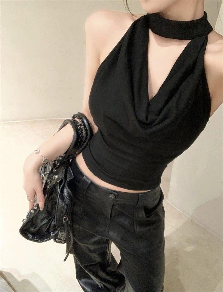 Khaki Backless Cowl Neck Halter Tank Top - Women's Summer Sleeveless Top