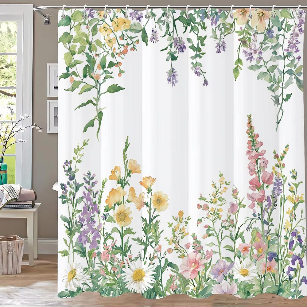 Spring Flowers And Butterflies Theme Shower Curtain, Bathroom Curtain, Floral Shower Curtain, Home Decoration Curtain With Hooks
