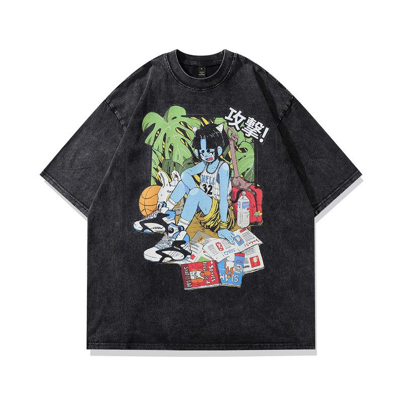 Men's Summer New Pure Cotton American Retro Old Washed T-shirt Men's Animation Cartoon Printing Short-sleeved T-shirt Men's and Women's