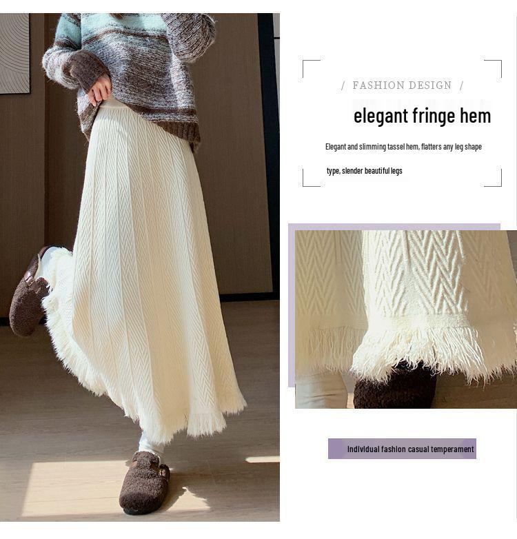 Women's High-Waisted Woolen Tassel Knitted A-Line Midi Skirt for Autumn and Winter