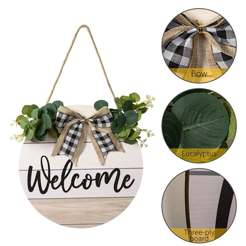 Welcome Front Door Round Wood Sign Hanging Eucalyptu Farmhouse Porch Spring Gift for Decorations