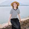 Xiangying Women's Striped Embroidered Round Neck T-Shirt