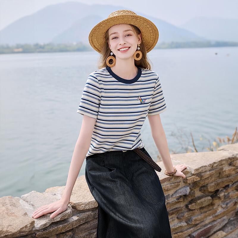 Xiangying Women's Striped Embroidered Round Neck T-Shirt