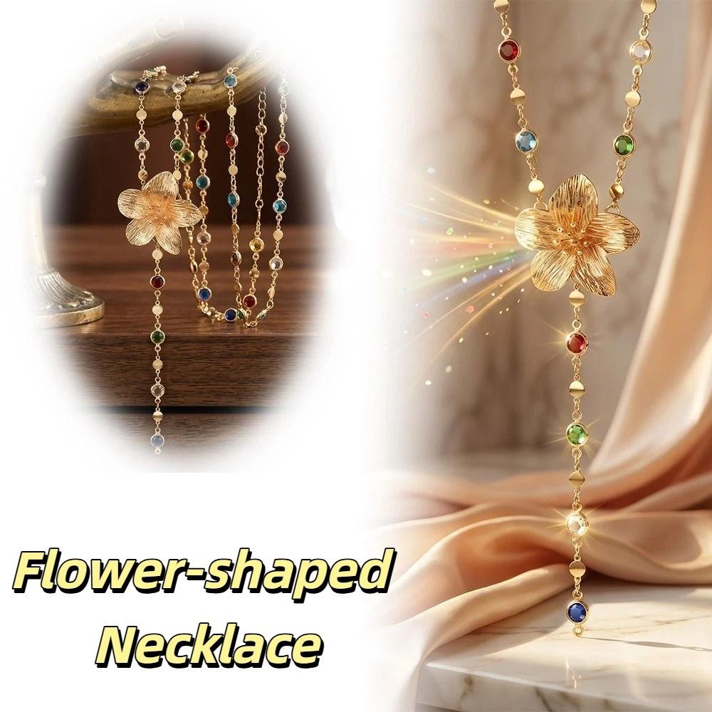 2 PCS Elegant Clavicle Chain Simple Colorful Rhinestones Necklace Flower-shaped Necklace  Gatherings