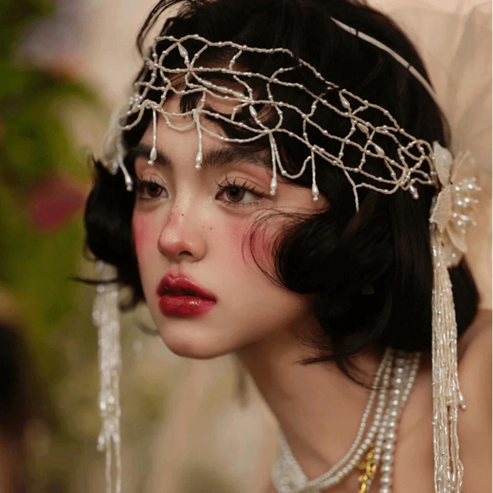 French Style Bridal Headband Lace Wedding Headgear Fringed Hairpin Lace Floral Net  Wedding