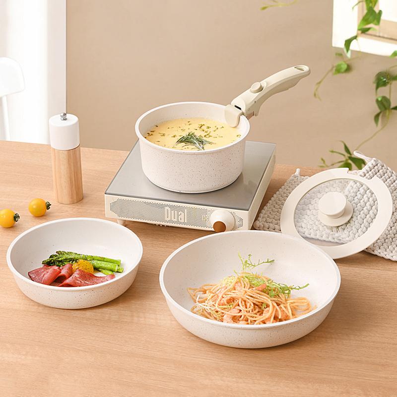 Detachable Handle Cookware Set Granite Coating Nonstick Pots Milk Pan Frying Pan Saucepan Compact Kitchen Set Stackable Storage Induction Stove Pot