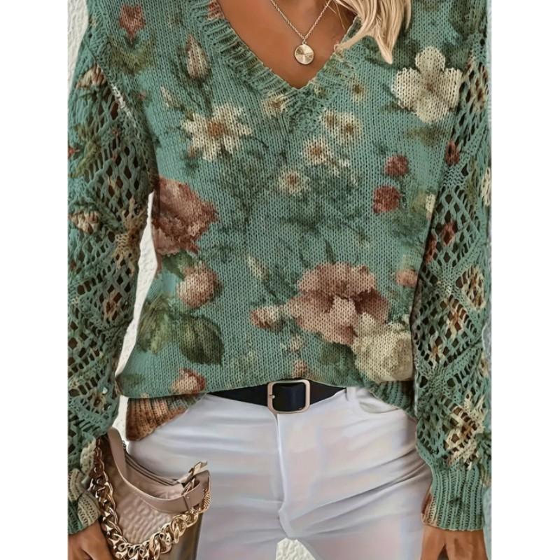 

Women s Spring/Fall Elegant Printed Sweater V-Neck Pullover Long-Sleeve Top XXS
