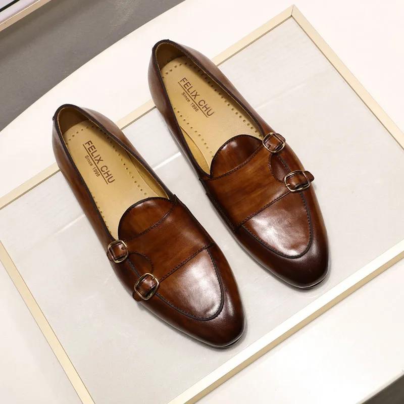 Fashion FELIX CHU Men's Genuine Leather Loafers Handmade Monk Strap Casual Dress Shoes for Wedding Party Summer Autumn Footwear
