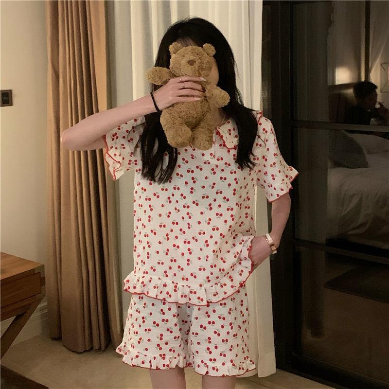 

Хлопковая пижама, корейская пижама, женская летняя пижама с принтом вишни, женский комплект из 2 предметов, милая домашняя одежда XXL