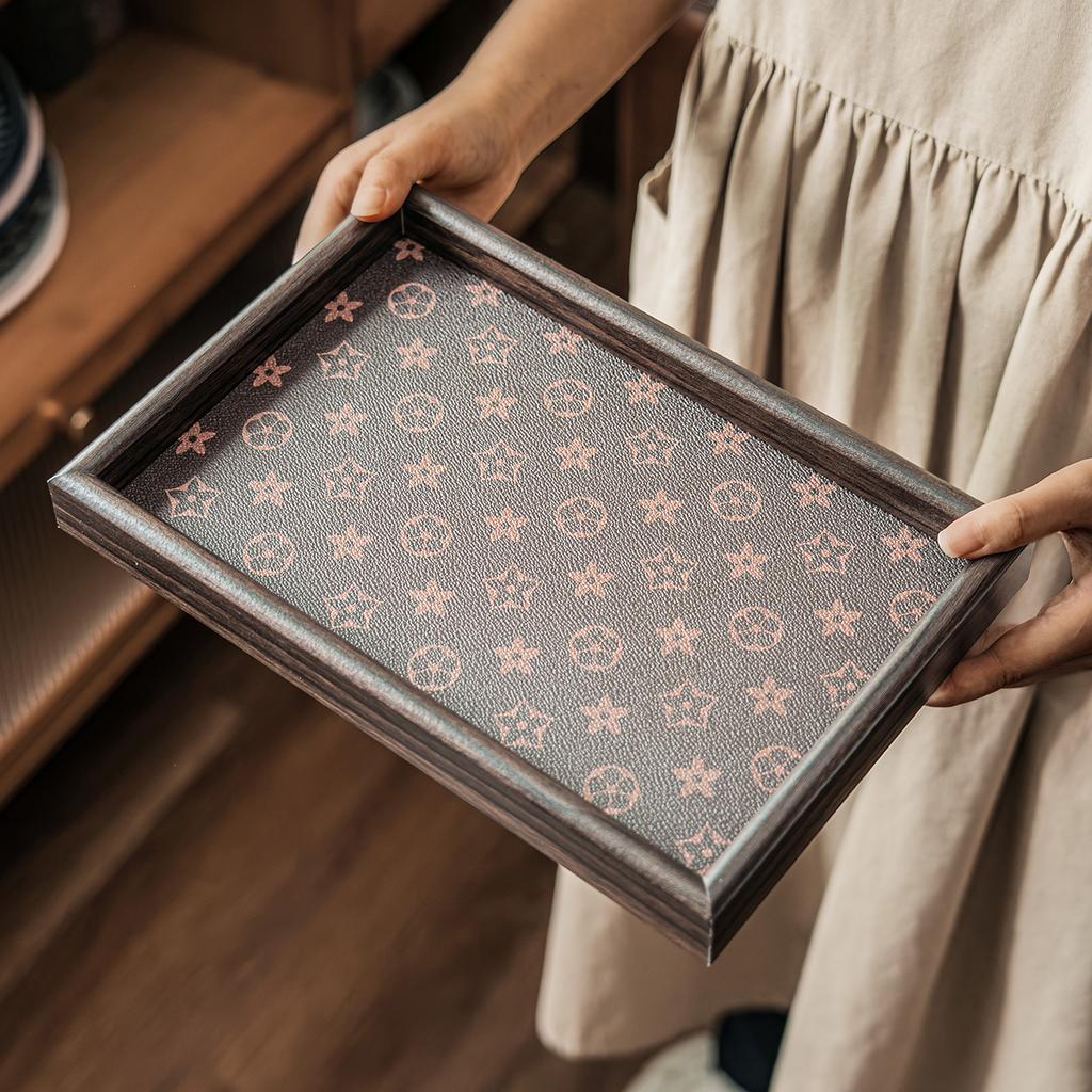 Wooden Tray Light Luxury Living Room Desktop Jewelry Storage Tray Leather Material Retro Desktop Display Plate