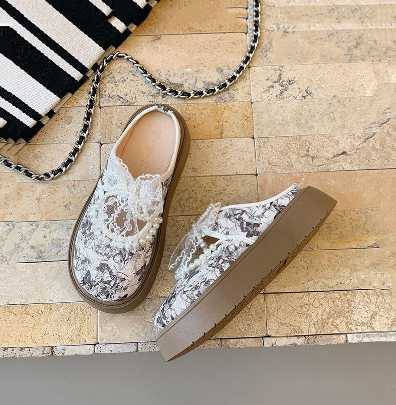 

Выход Ленивый Баотоу Полушлепки 2025 Весна и Лето Новые Милое Кружево Расшитый бисером Увеличивающий рост Прохладные Шлепки 40 серый