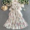 Women's V Neck Short Sleeve Maxi Dress Loose Fit High Waist Elegant Floral Print A Line Dress