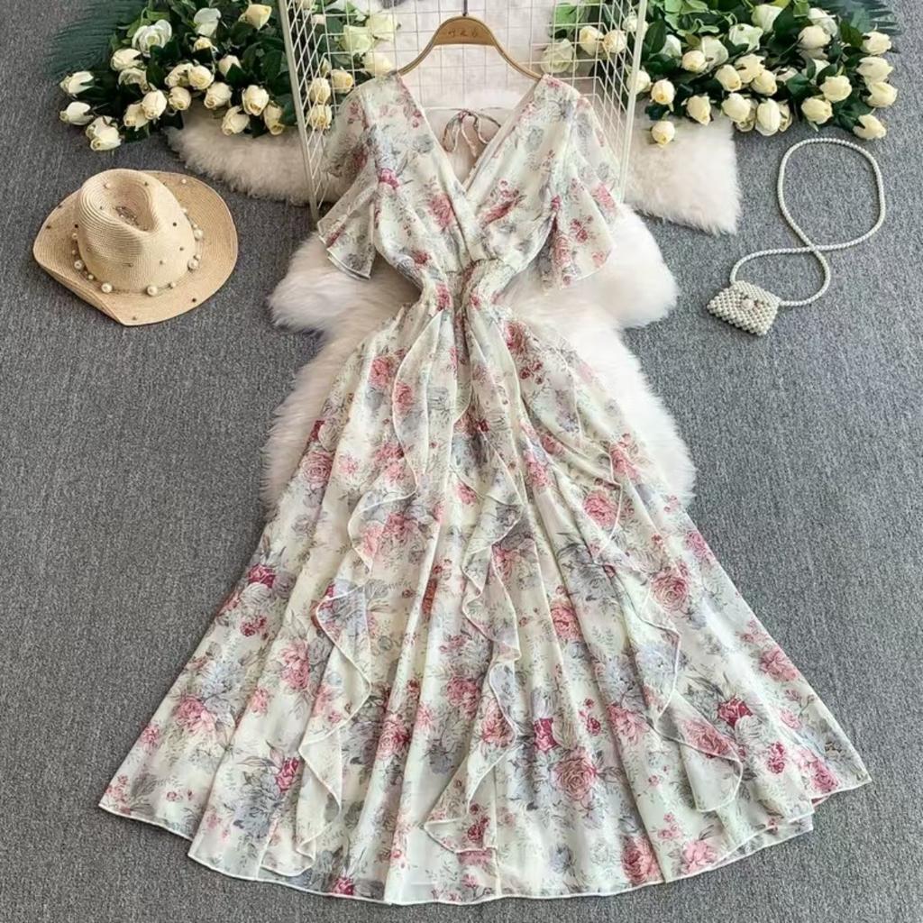 Women's V Neck Short Sleeve Maxi Dress Loose Fit High Waist Elegant Floral Print A Line Dress
