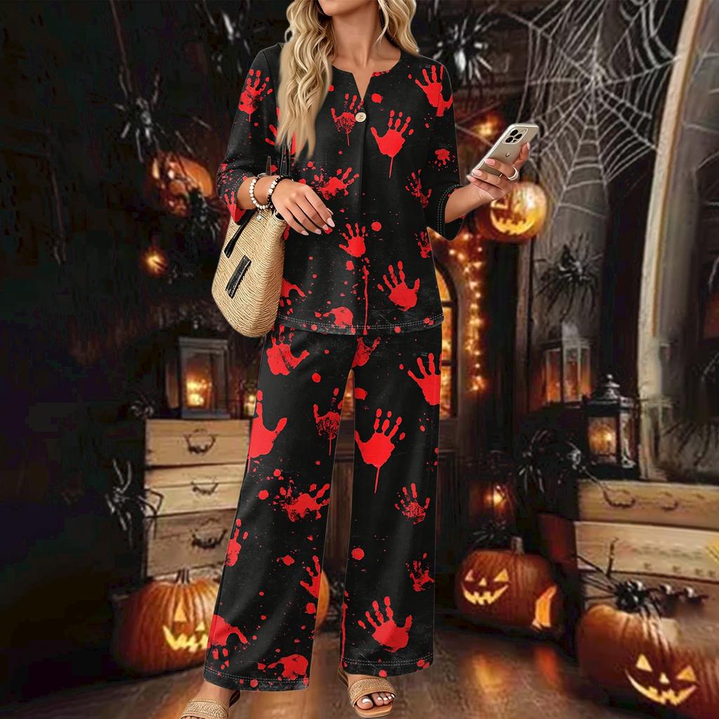 Women's Casual Printed 3/4 Sleeve Button Down Top and Wide Leg Pants 2 Piece Set