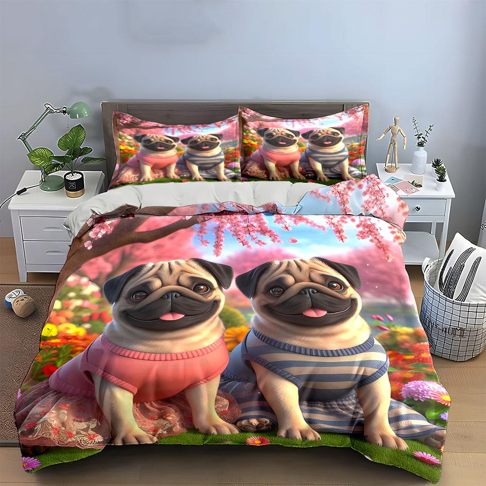 "Charming pugs in bloom." Bedding sets Duvet covers Pillowcases(1* Duvet Cover 2* Pillowcases without duvet insert)