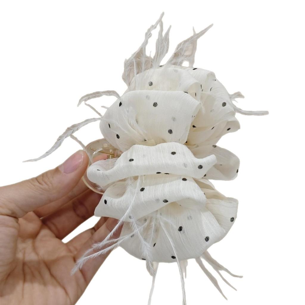 Korean Polka Dot Feather Hair Claw for Women - High-End Mesh Flower Hairpin Accessory