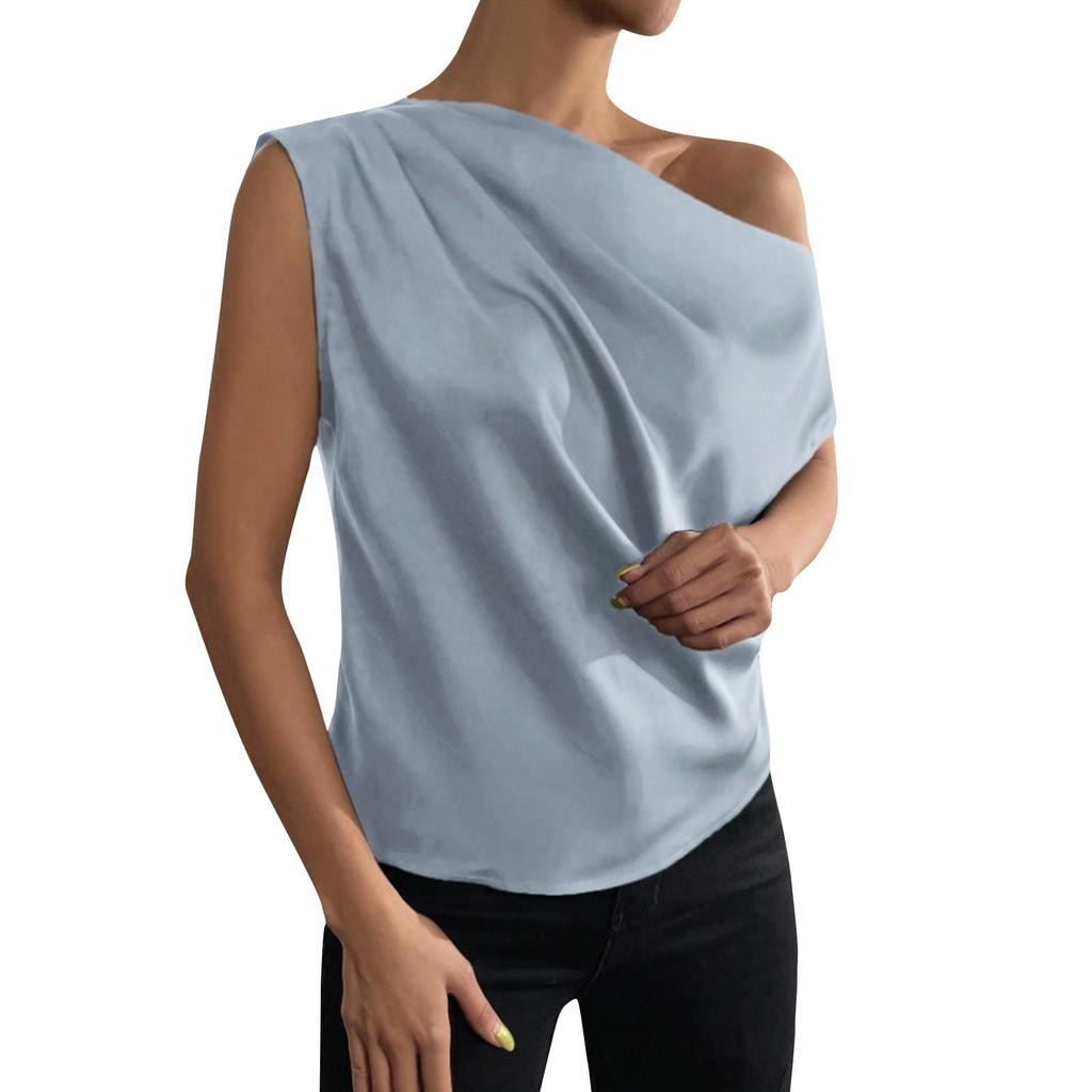 Summer Fashion Versatile Slant Collar Pinch-pleated One-Shoulder Asymmetric Vest