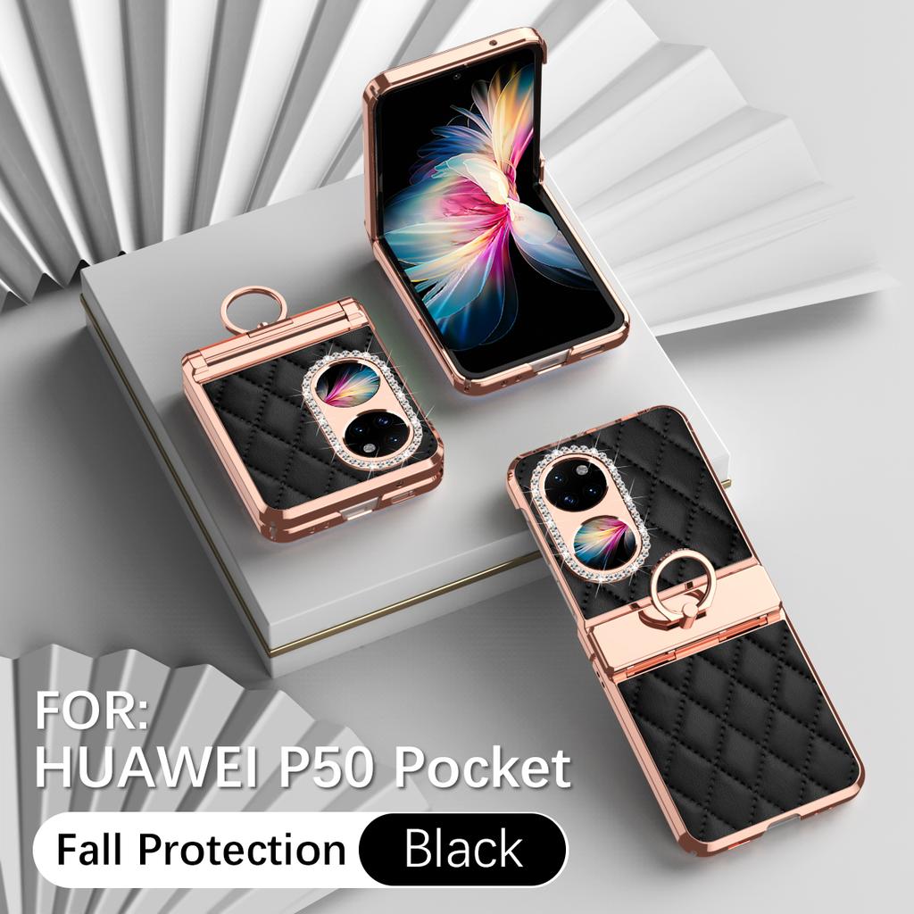 Luxury Fashion Diamonds Leather Plating Ring Holder Phone Case For Huawei P50 Pocket Hinge Full Protection Case Cover