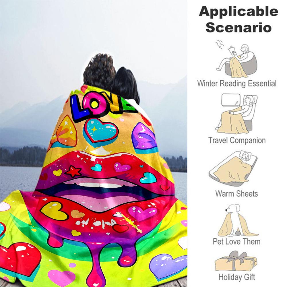 1pc Lips Love Outdoor Flannel Blanket Soft Warm All-Season Throw for Sofa Bed Car Camping Office, Cozy Gift Idea1137S