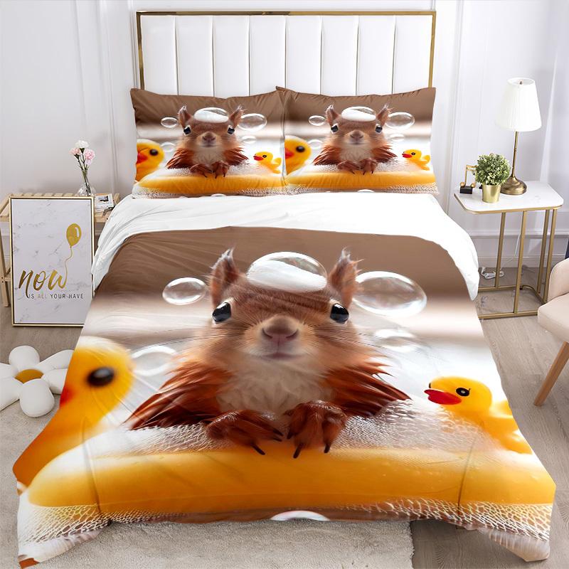 3pcs Anime Squirrel with Duck Bath Time Bedding Set - Includes One Quilt Cover and Two Pillowcases (No Core) - Polyester Fabric - Suitable f