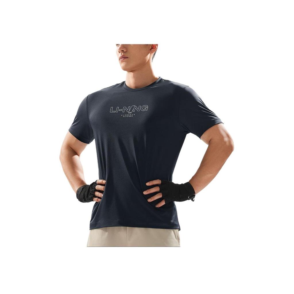 Li-Ning Fitness Series Brand Logo Moisture-Wicking Quick-Dry Short Sleeve T-Shirt Men Tops Dark-Blue ATSU417-8