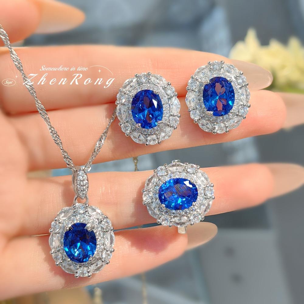 

Women Jewelry Set Fashionable Light Luxury Blue Spinel Gemstone Pendant Open Ring Simple Daily Stud Earrings