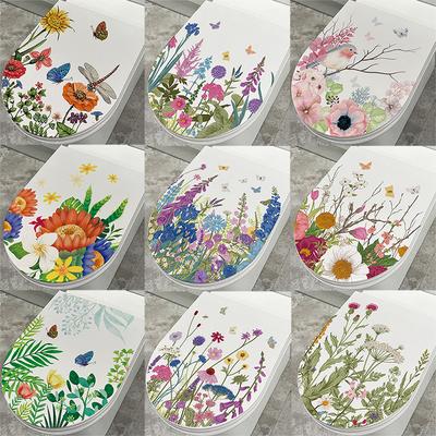 Large Toilet Seat Cover Sticker Self-Adhesive Wall Decal Hand-Painted Plants Butterfly Purple Lavender Flower Decoration Bathroom Wall Art