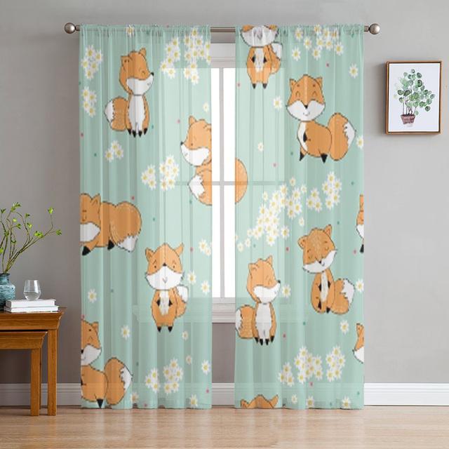 Autumn Forest Cartoon Animals Bear Fox Owl Sheer Curtains for Windows Tulle Curtains for Living Room Bedroom Children Room Decor