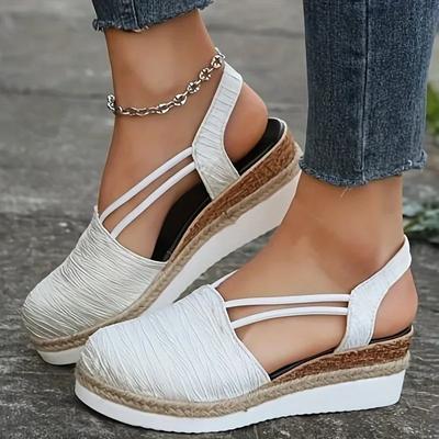 Damen Sandalen Einfarbig Keilabsatz Dicksohlige Schuhe Outdoor Geschlossene Zehenpartie Lässige Flache Schuhe Retro Leicht Damen Sandalen
