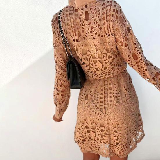 Shirt Dress Hollow Out Lace Spring Summer Slim-fitting Belted Dress for Daily Wear