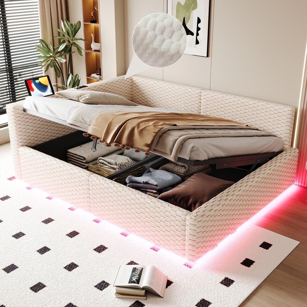 Letto imbottito 140 x 200 cm con illuminazione a LED, porte Type-C e due USB, schienale angolare a L, velluto, telaio letto idraulico Beige (Materasso non incluso)