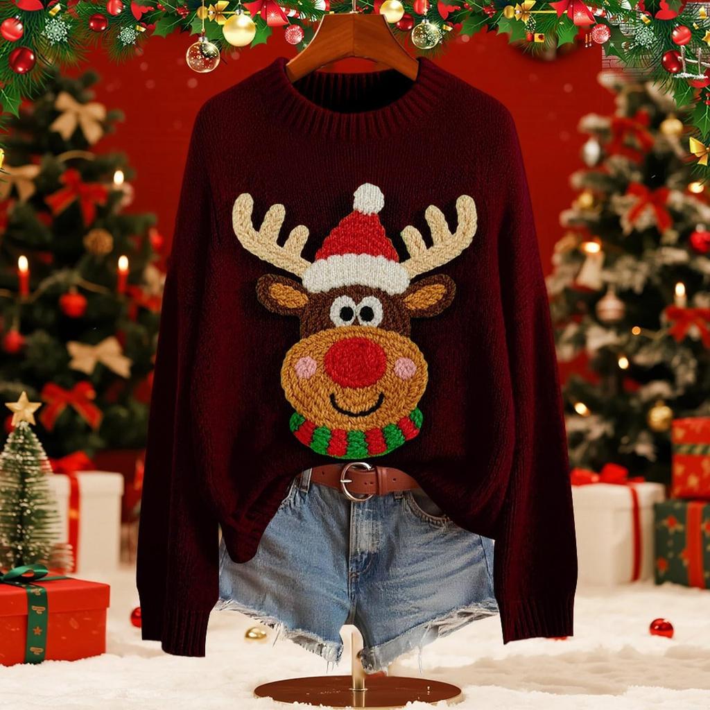 Women's Fashion Christmas Print Pullover Long-Sleeve  Neck Knit Sweater Top