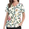 Medizinisches Kasack-Oberteil mit Blumendruck, V-Ausschnitt, Taschen und Seitenschlitzen, Kurzarm, Krankenschwester-Uniformhemd für Damen