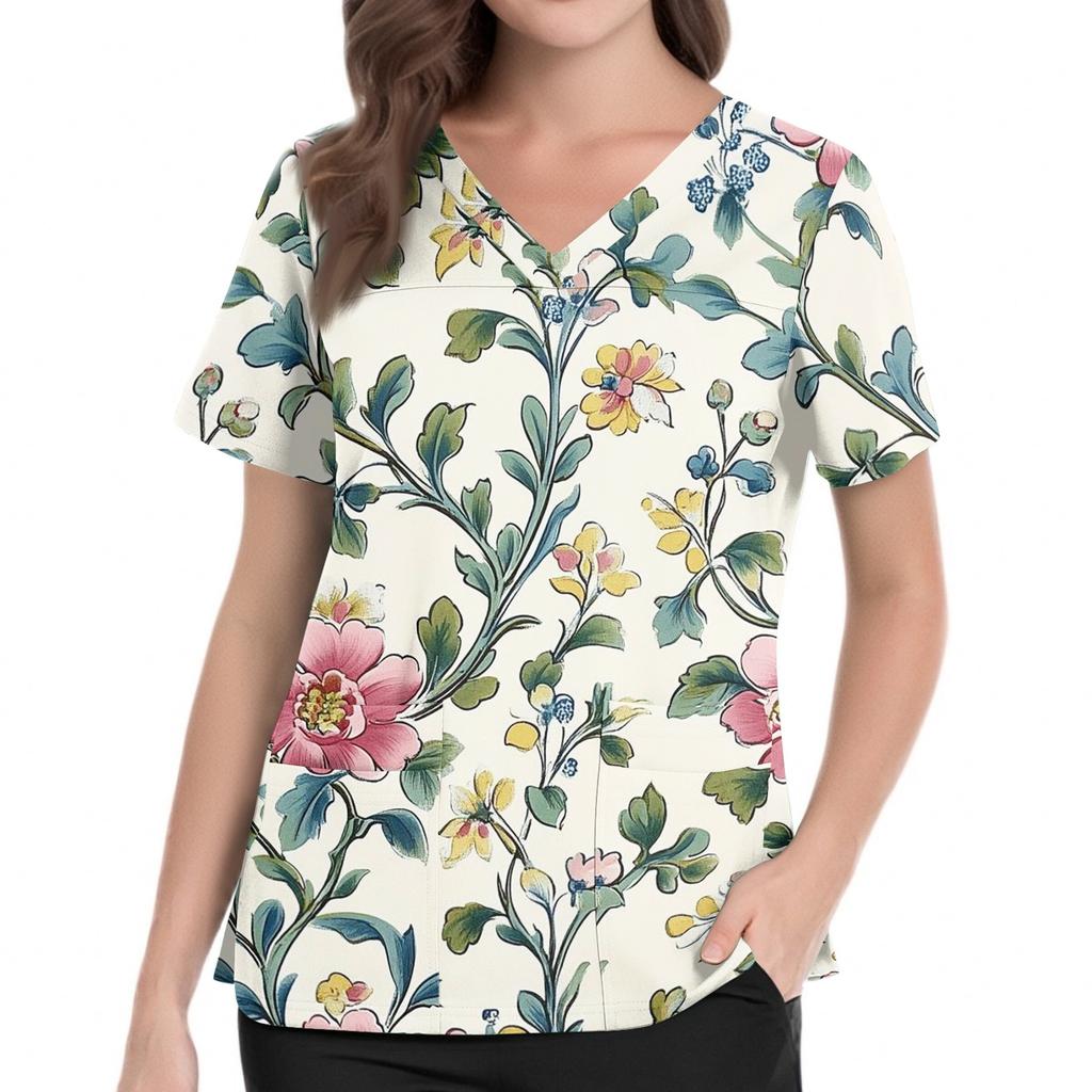 Medizinisches Kasack-Oberteil mit Blumendruck, V-Ausschnitt, Taschen und Seitenschlitzen, Kurzarm, Krankenschwester-Uniformhemd für Damen