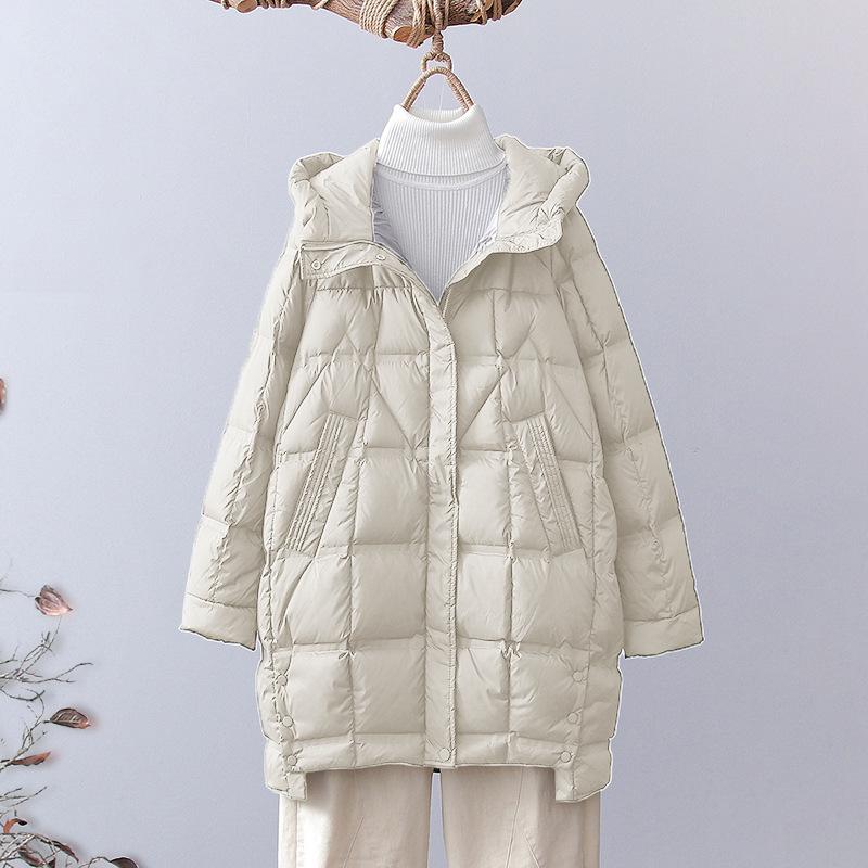 Fashion winter medium and long white duck down jacket women's fashion foreign style thick pressure glue hooded down warm jacket