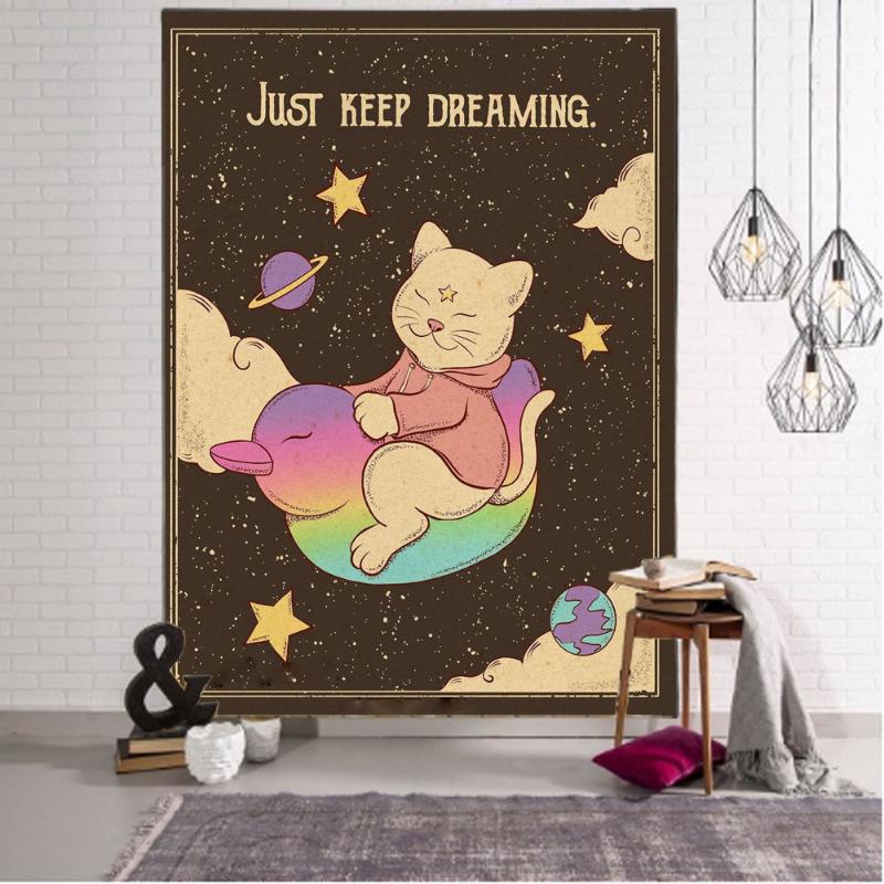 Bohemian Cat and Lion Tapestry Retro Inspirational Quotes Wall Hanging Bedroom Living Room Aesthetic Wall Decor
