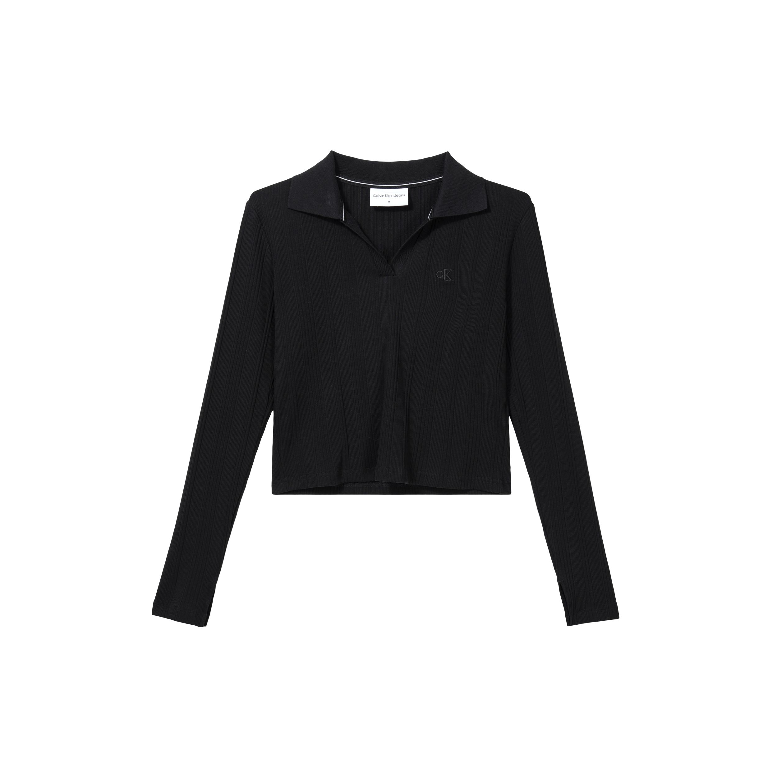 

Calvin Klein Модная минималистичная вышитая буква Приталенная футболка-поло с V-образным вырезом и длинным рукавом Женские топы Космически-черный J222313-BEH XS