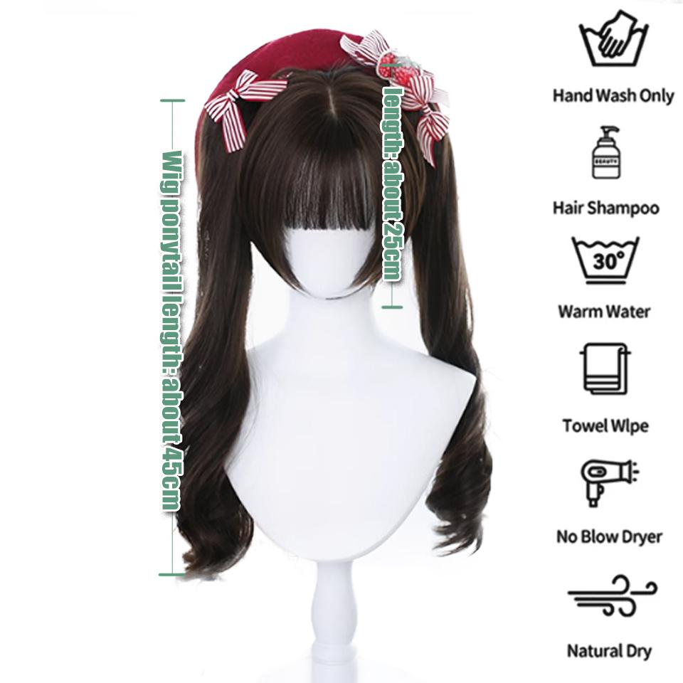 WTB Curly Hair Double Ponytail Synthetic Wig Female Cute Daily Lolita Cartoon Straight Bangs Double Ponytail Long Curly Hair