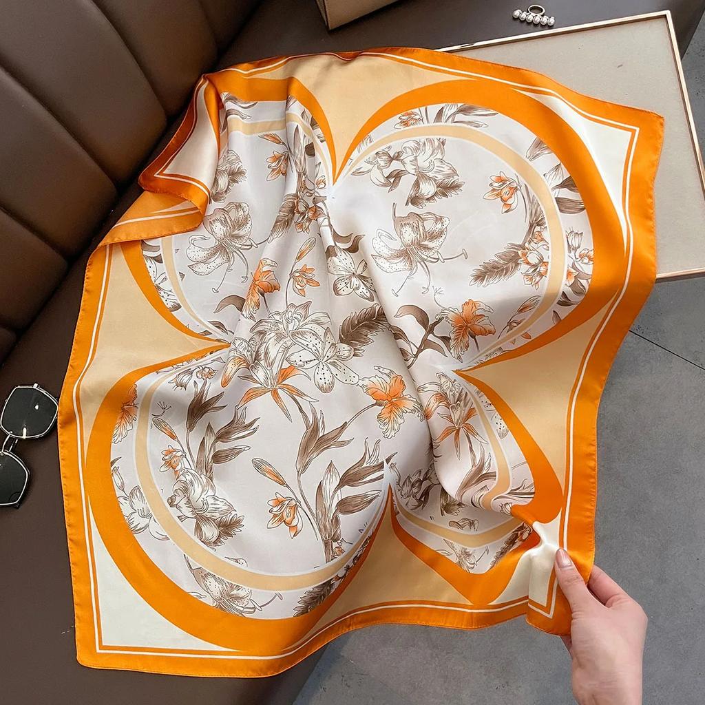 Luxury Design Floral Print Scarf Women Imitation Silk Square Neckerchief Hairbands Foulard Female 70x70cm Bandanas