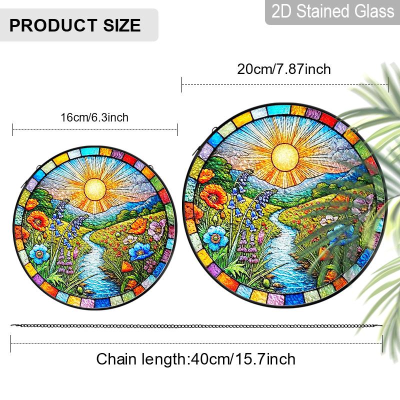 2D Flat Stained Glass Sun Flower Lakeside Window Decoration, 6.3/7.87inches Colored Glass Plate with Chain, Charming Indoor/Outdoor Sun Catcher Home
