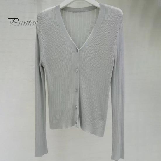 Sun Knit Cardigan for Women Long Sleeve V-Neck Button Up Thin Ice Silk Coat Summer Ribbed Cropped Top for Outdoor Travel Work Beach