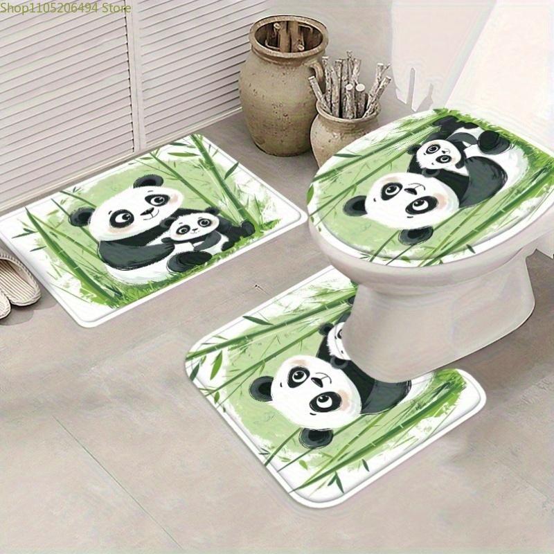 1/3/4pcs Bamboo Panda Shower Curtain Set - Cute Panda & Bamboo Design, Includes, U-Pad, Lid Cover, 12 Hooks, 180x180cm, Polyes