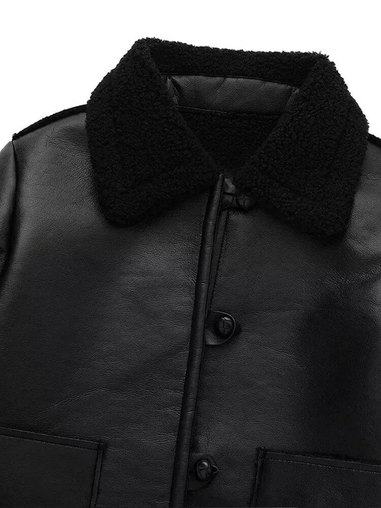 Jaqueta de couro falso feminina pele do plutônio bolso integrado casaco moto outono grosso quente velo único breasted senhora casaco