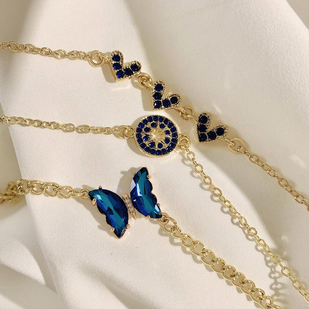 Biżuteria Transgraniczna Niebieski Motyl Inkrustowany Cyrkoniami Ażurowa Damska Bransoletka Geometryczne Otwarcie Czteroczęściowy Zestaw Bransoletek