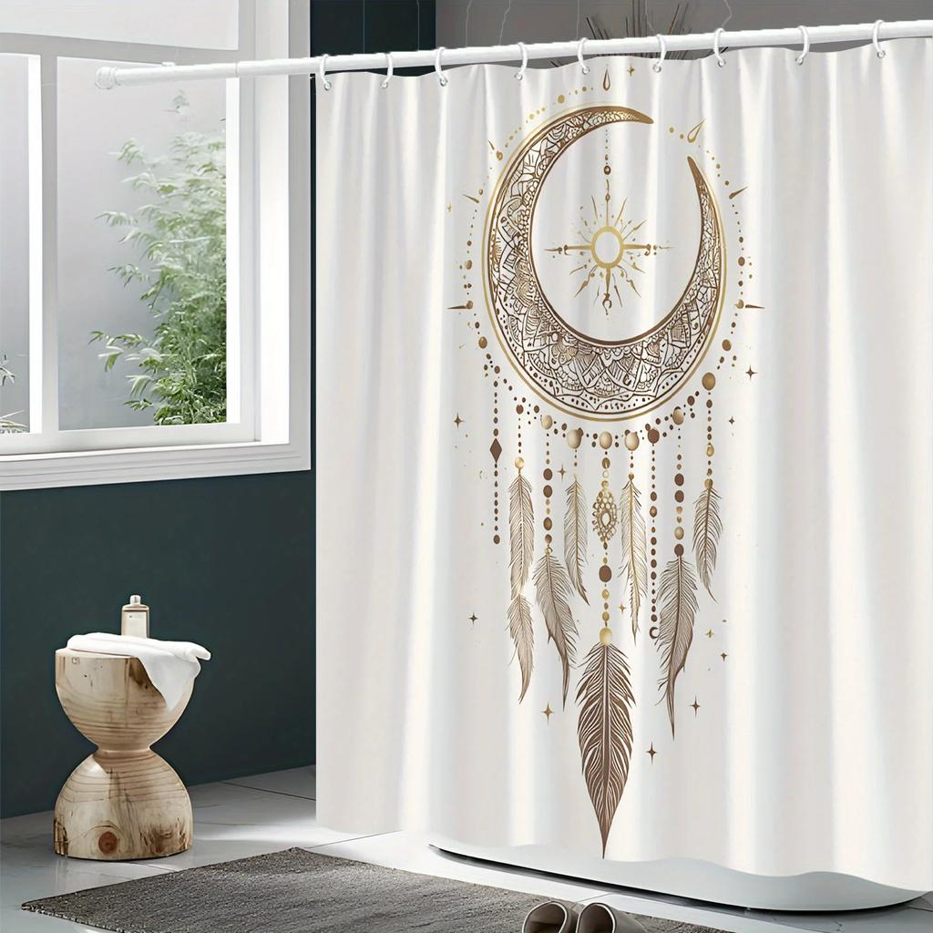 Celestial Crescent Moon Shower Curtain - Golden Geometric Designs & Bohemian Charms, Mystical Art Bath Decor
