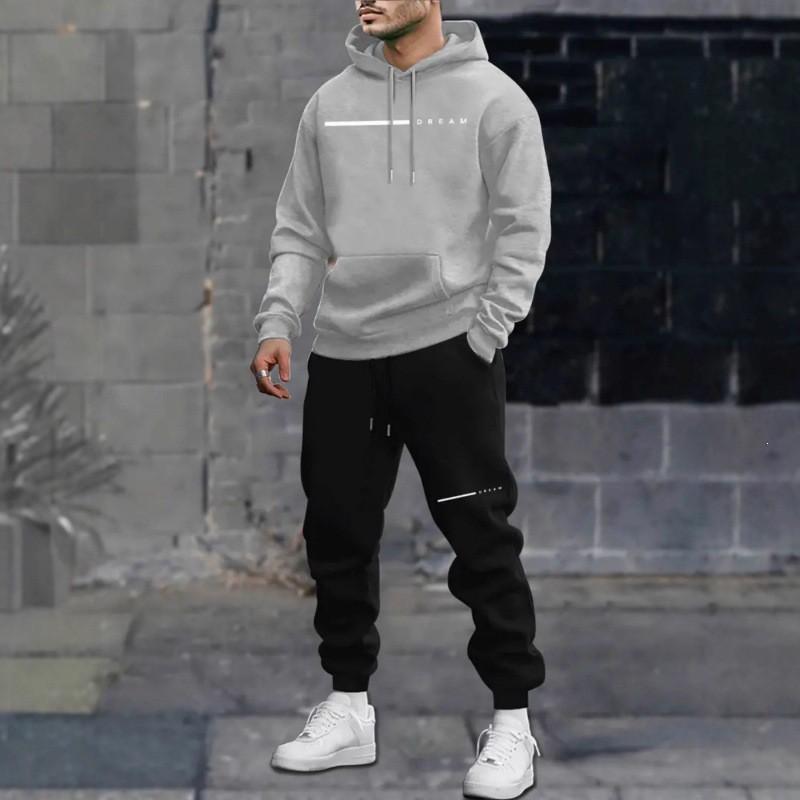 Mens Oversized Hooded Sweatshirt Set With Letter Print Fleece-Lined Warm Casual Tracksuit Winter