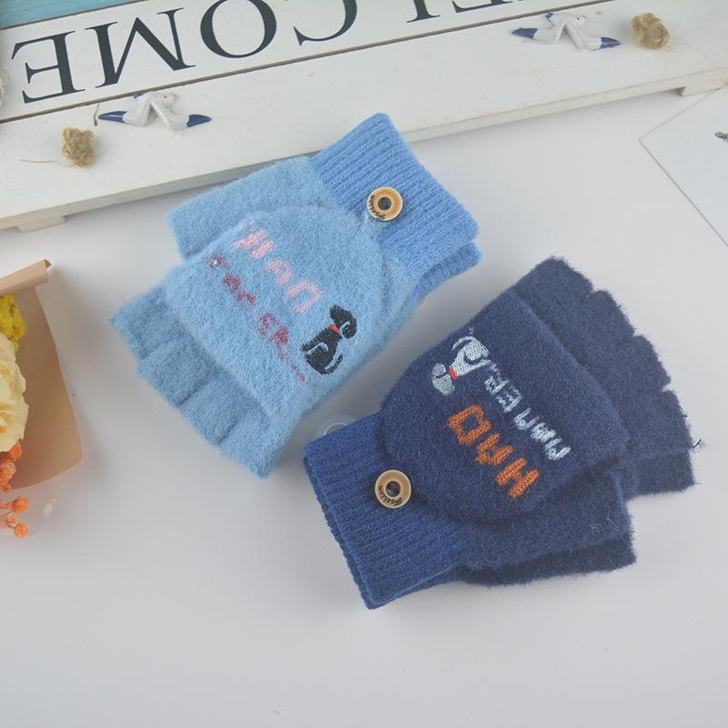 Autumn and Winter New Children's Half-finger Flip Gloves Student Writing Warm Woolen Gloves Cute Knitting